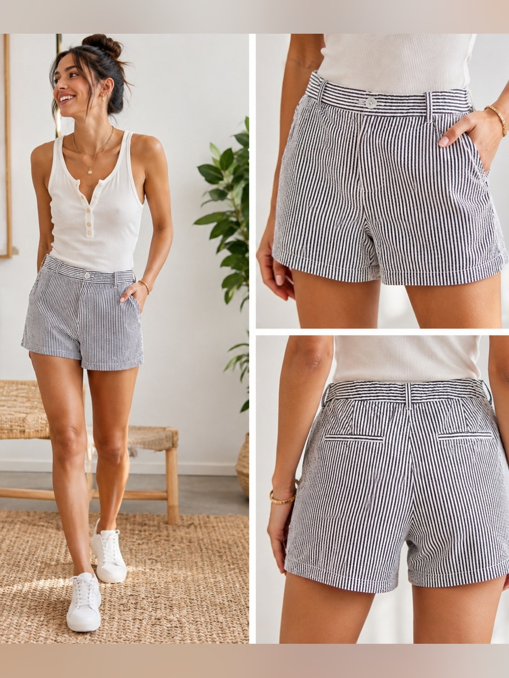 Anthropology Crown & Ivy Women’s Navy Stripe Cotton Shorts - Picture 4 of 8